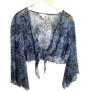 DRESSBARN Women Sheer Blue Floral Tie Front Kimono Sleeve Fairycore Top PXL